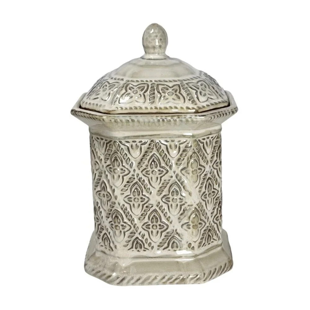 Vintage Ceramic Canister Cookie Jar Cream Kitchen Decor Floral Relief Octagonal